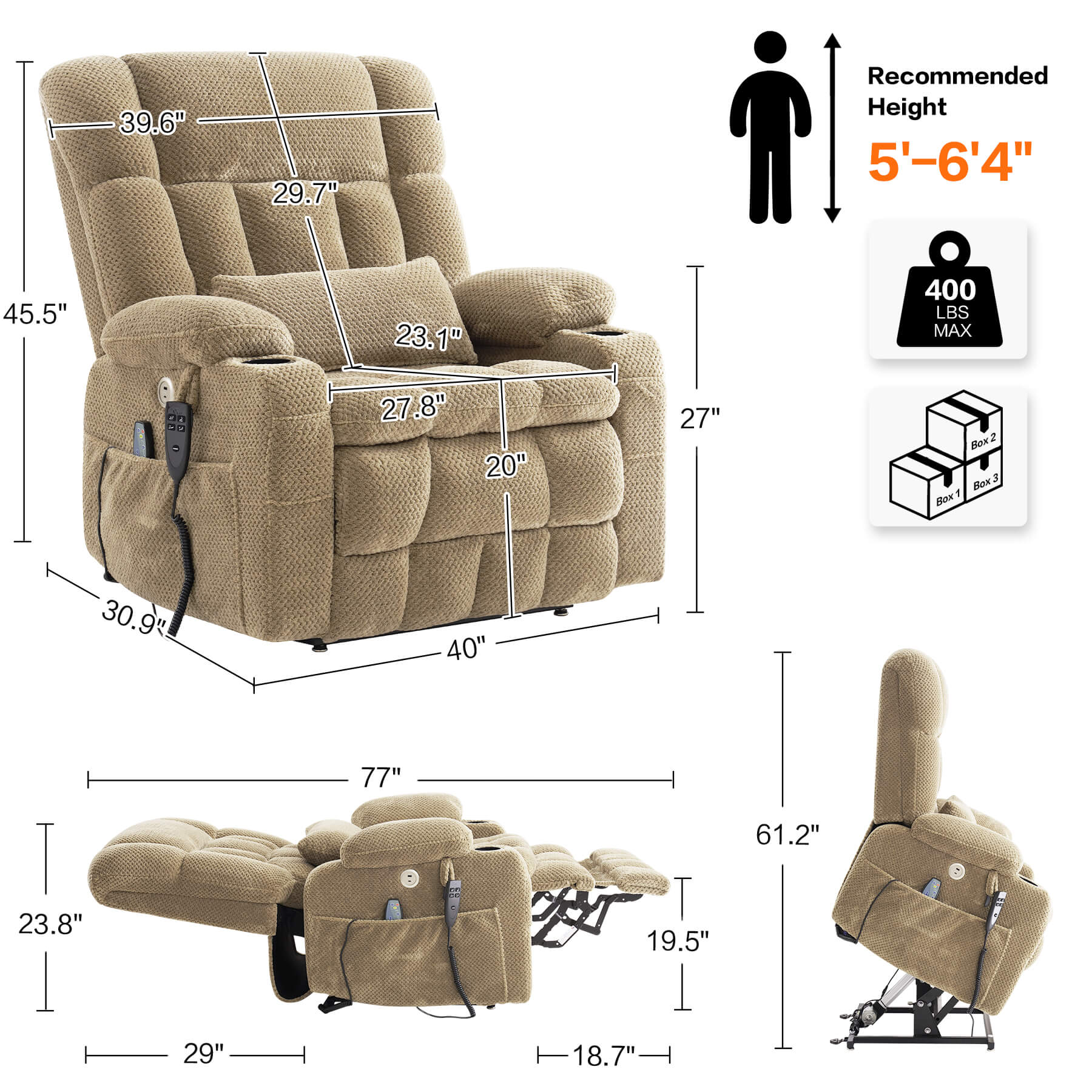 Beige recliner size, seat width 27.8 inches, weight capacity 400 lbs, fits 5'-6'4”, overall dimension: 40 x 30.9 x 45.5 inches, chair comes in three boxes.