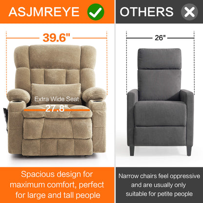 A comparison graphic, ASJMREYE spacious chair with  27.8-inch extra wide seat vs others narrow chair.