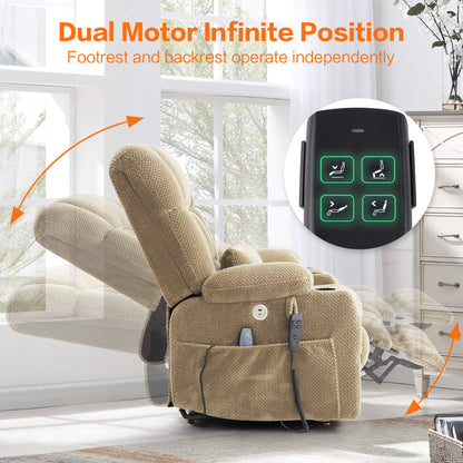 Beige fabric power lift recliner shown in a room, plus an inset of a remote control and orange arrows explaining independent footrest and backrest operation.