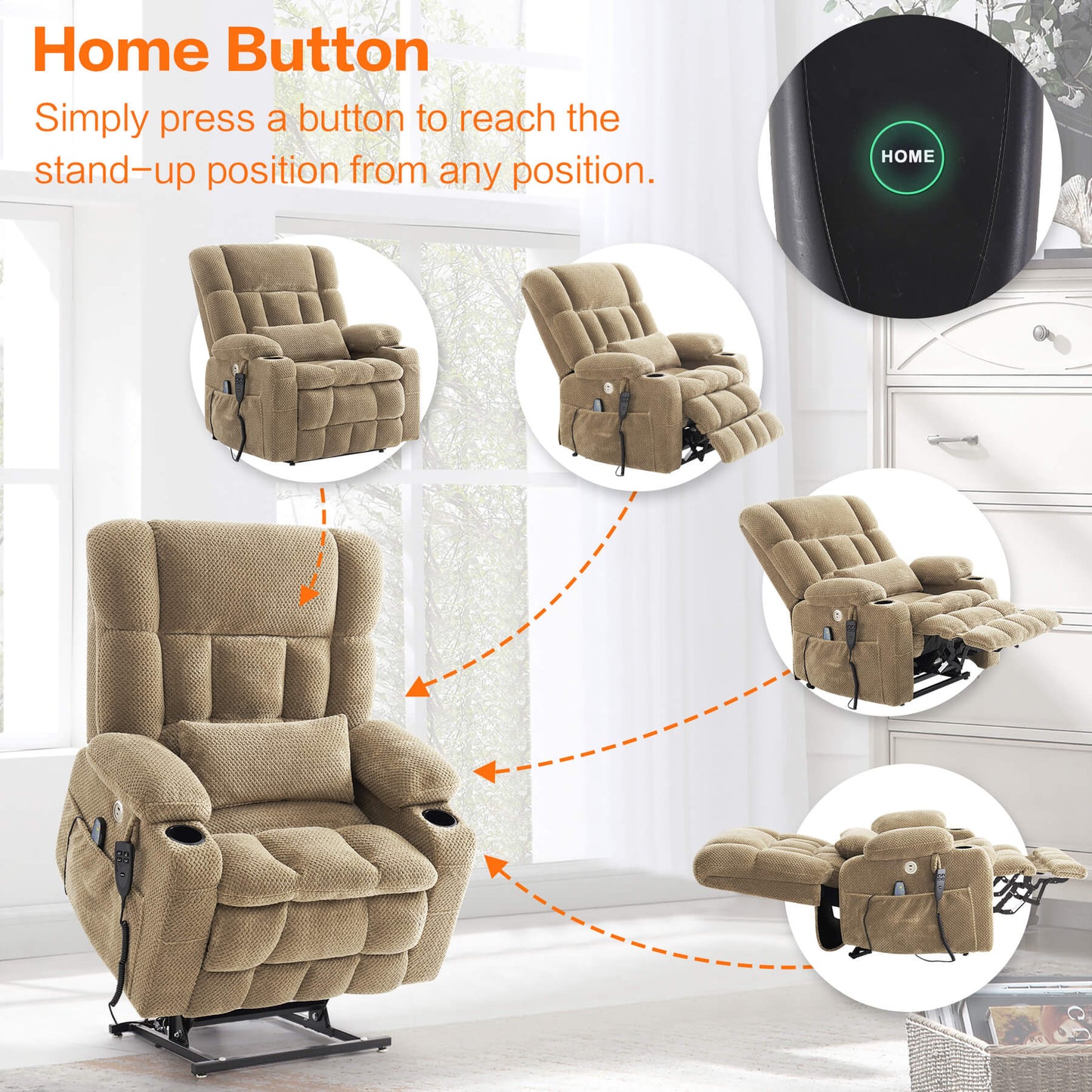 A beige lift chair in a room, with an inset showing the black HOME button and text explaining that it returns the chair to a standing position from any angle.