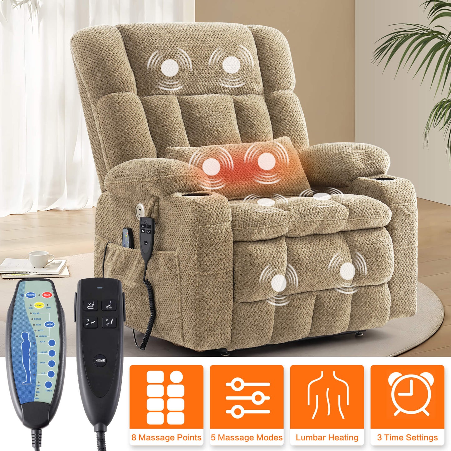 Beige fabirc recliner chair with built-in massage and lumbar heating zones. An orange feature icon strip along the bottom.