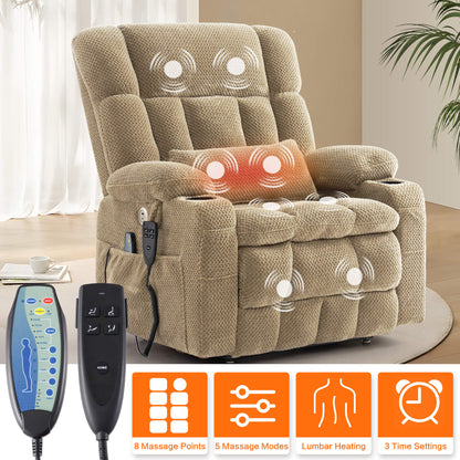 Beige fabirc recliner chair with built-in massage and lumbar heating zones. An orange feature icon strip along the bottom.