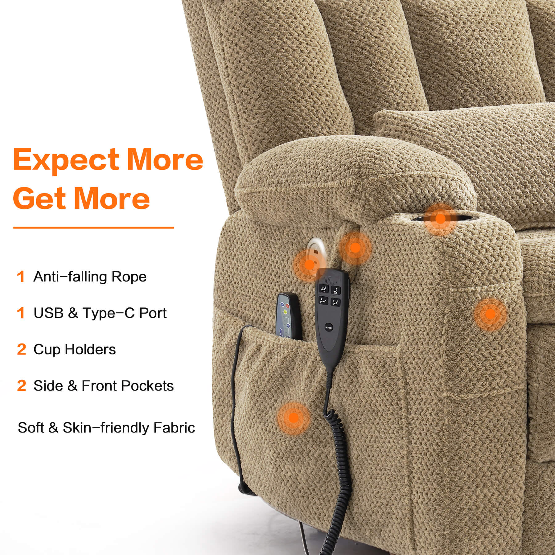 Beige upholstered lift recliner chair with a side pocket holding a remote, cup holders, and anti-falling rope, with orange glow highlights and text listing features.