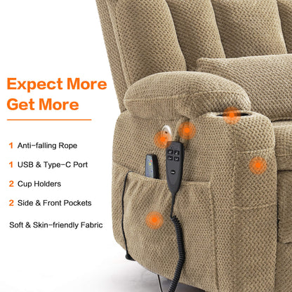 Beige upholstered lift recliner chair with a side pocket holding a remote, cup holders, and anti-falling rope, with orange glow highlights and text listing features.