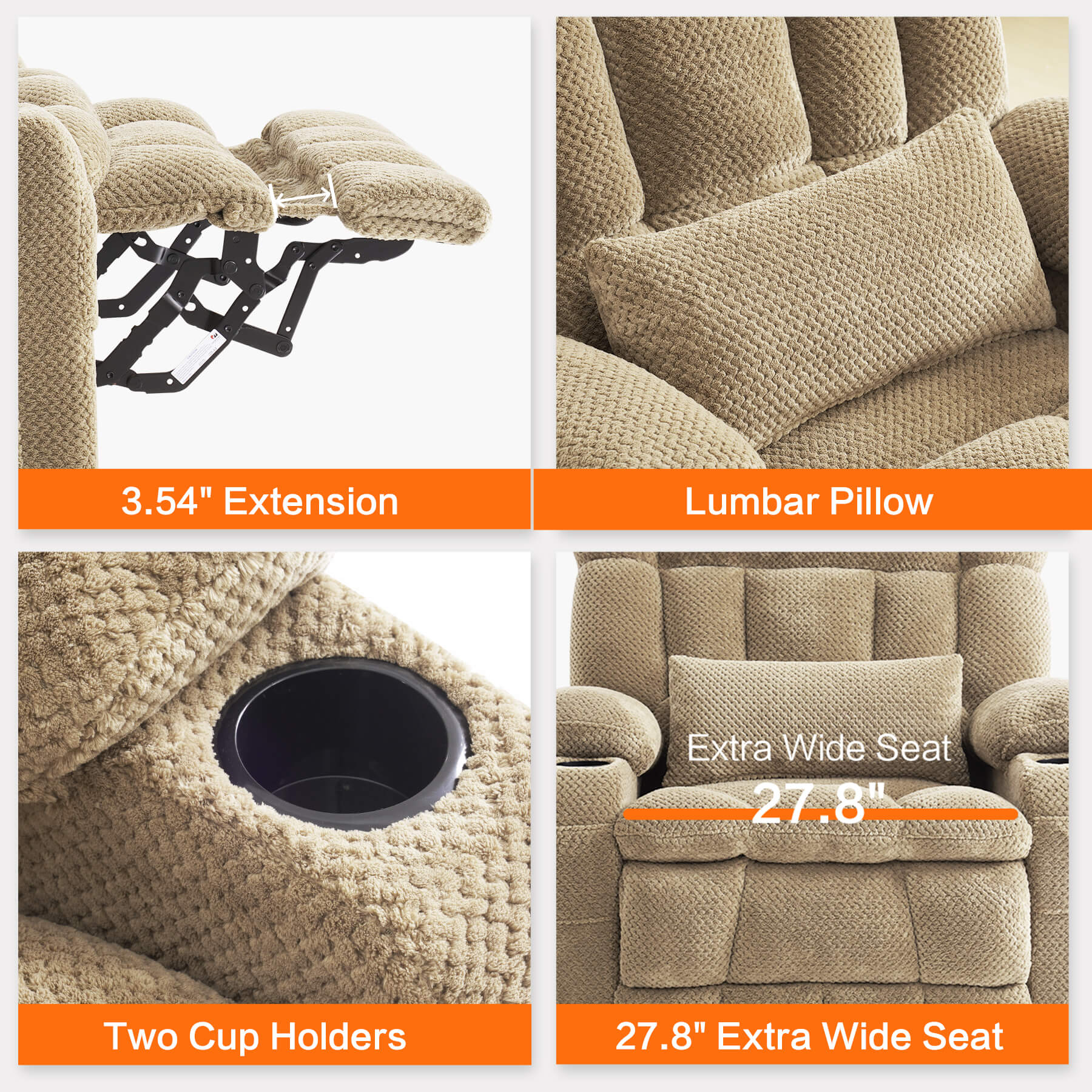 Four-panel product feature collage for a beige power recliner chair, showing the extended armrest, lumbar pillow, two cup holders, and an extra wide 27.8-inch seat.