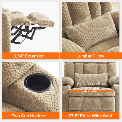 Four-panel product feature collage for a beige power recliner chair, showing the extended armrest, lumbar pillow, two cup holders, and an extra wide 27.8-inch seat.
