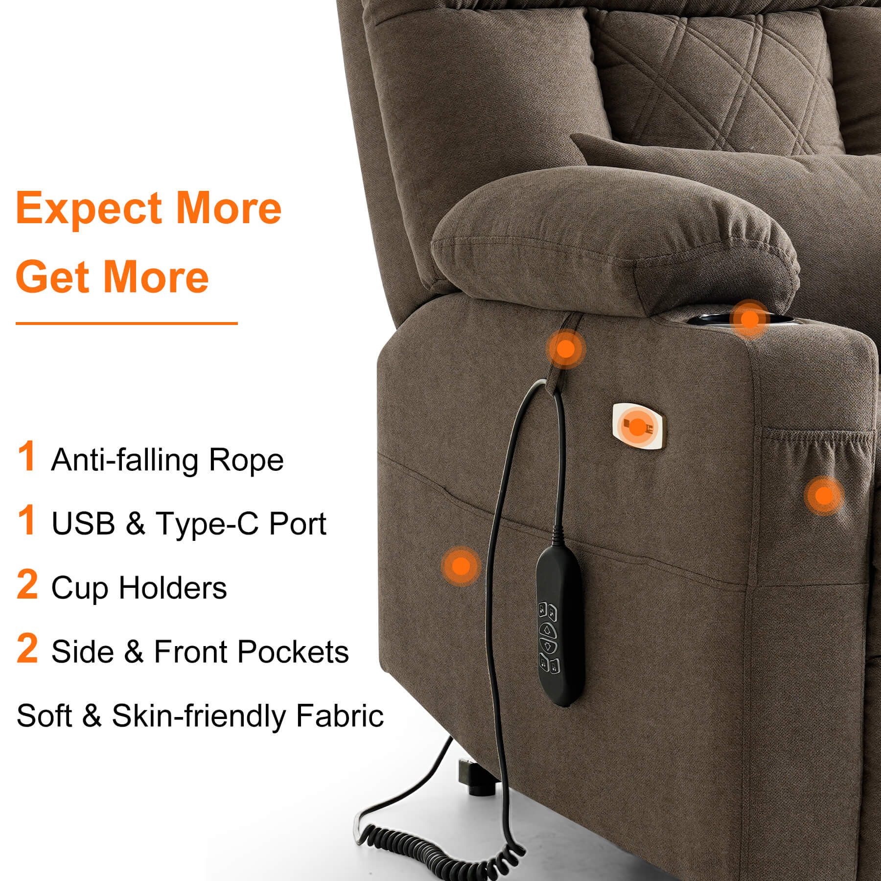 This soft fabric lift chair has USB and type-c ports, two cup holders, two side and front pockets.
