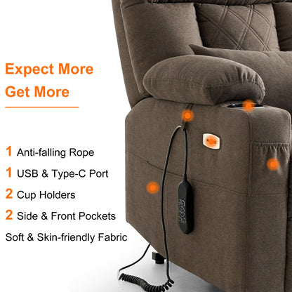 This soft fabric lift chair has USB and type-c ports, two cup holders, two side and front pockets.