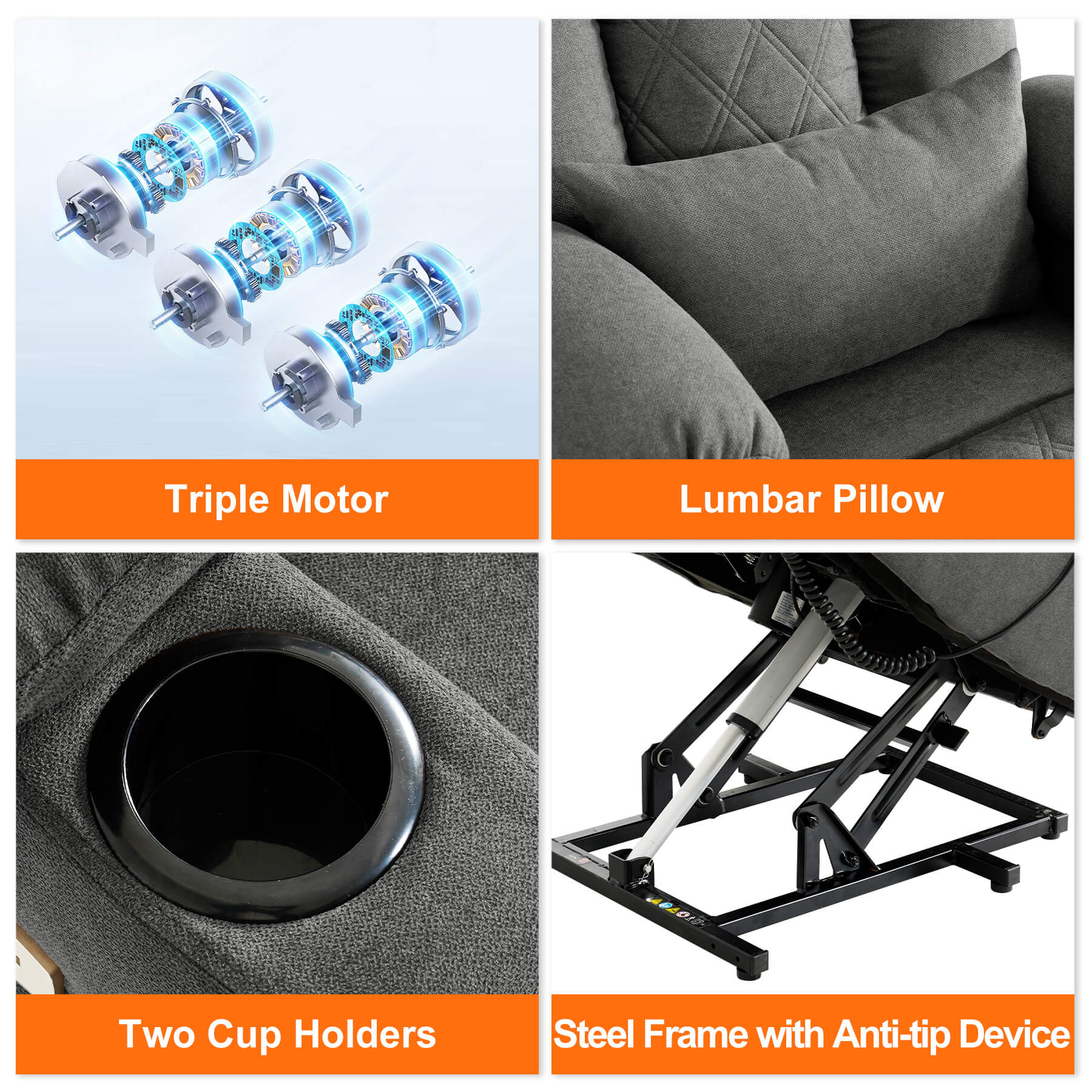 Chair details: three motors, lumbar pillow, two cup holders, steel frame with anti-tip device.