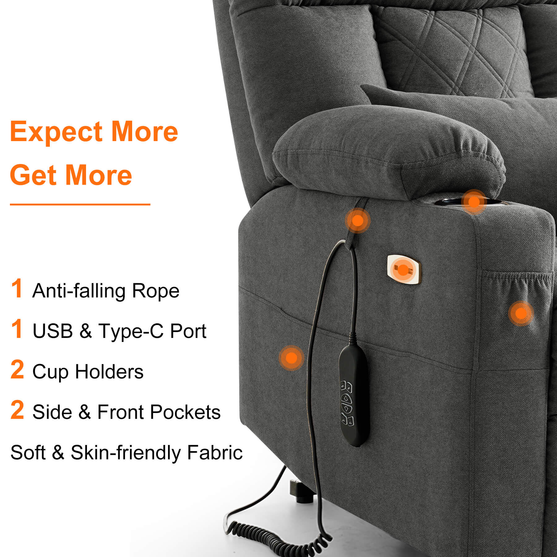 This soft fabric lift chair has USB and type-c ports, two cup holders, two side and front pockets.