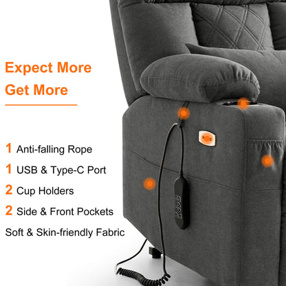This soft fabric lift chair has USB and type-c ports, two cup holders, two side and front pockets.