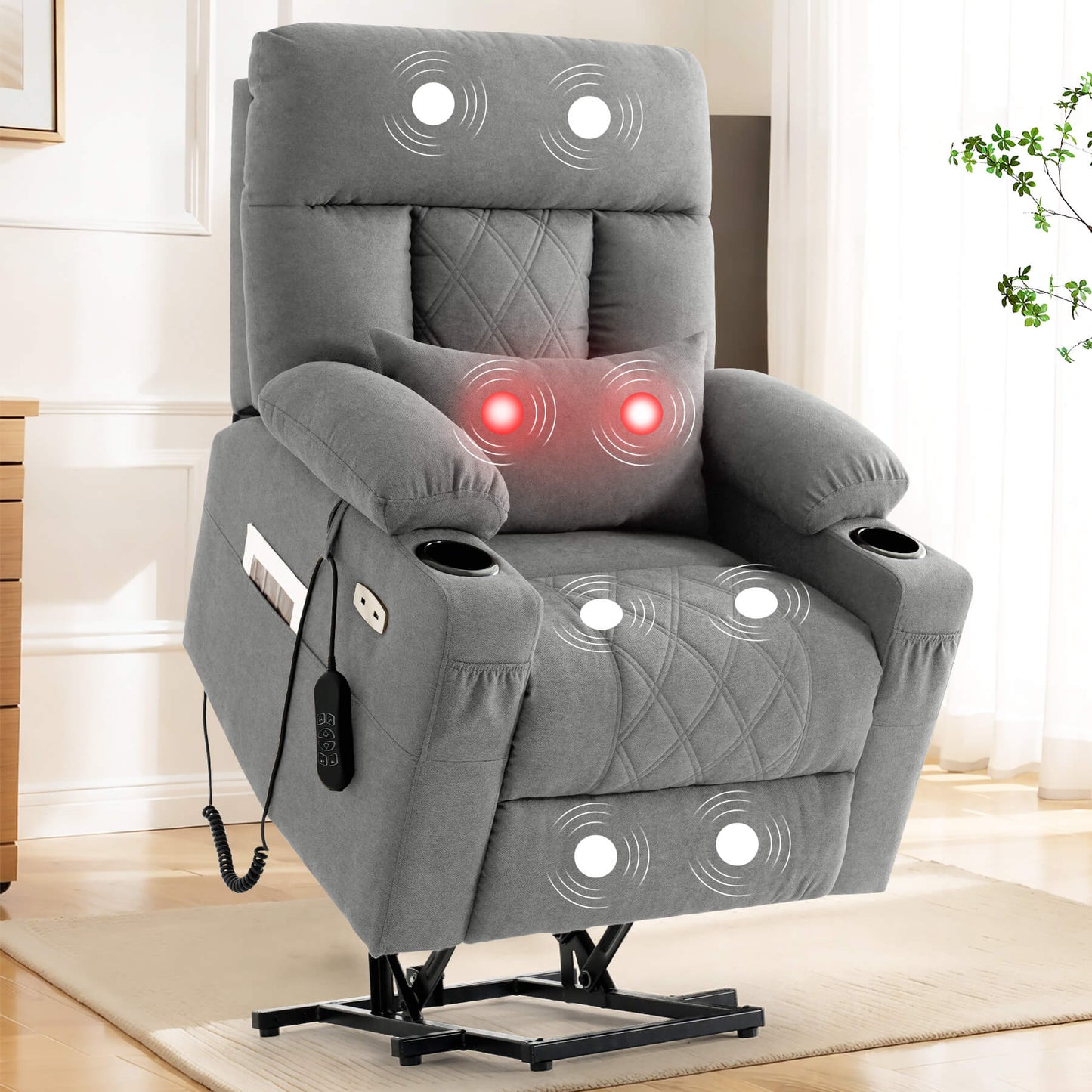 Light gray fabric infinite position lift recliner chair for seniors with vibration massage and lumbar heating