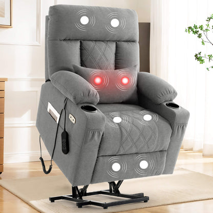 Light gray fabric infinite position lift recliner chair for seniors with vibration massage and lumbar heating