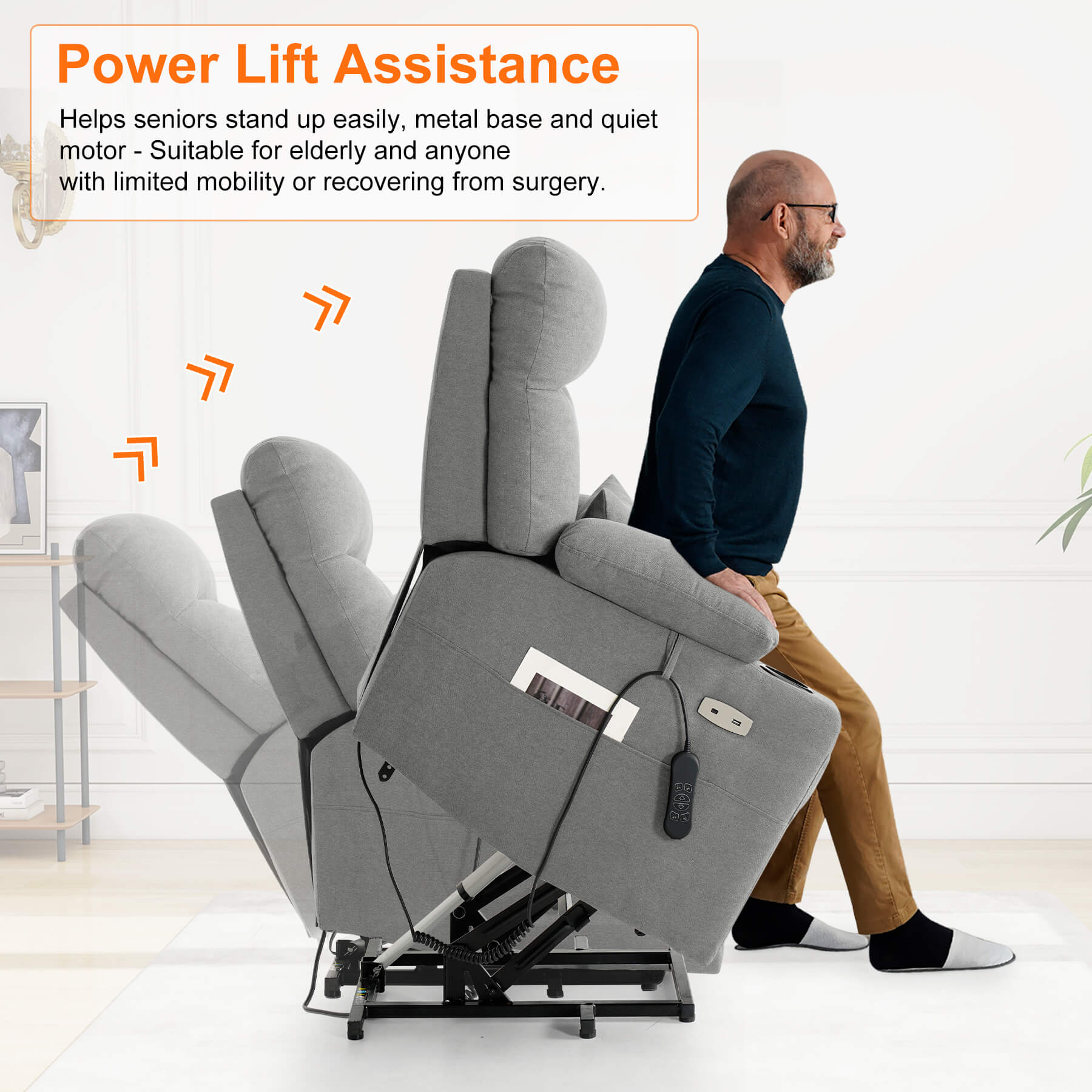Light gray power lift chair with a man demonstrating its use, text about power lift assistance.