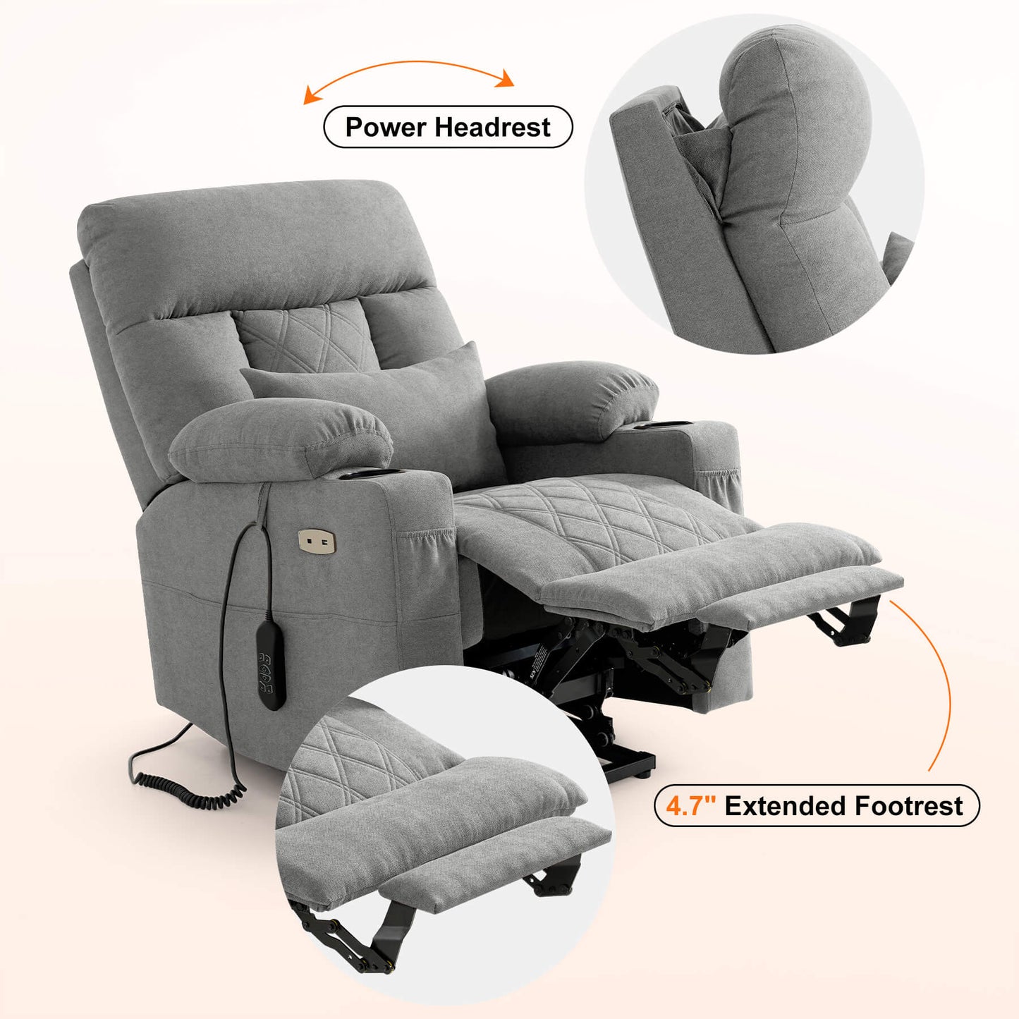 Triple motor power lift recliner with adjustable headrest and extended footrest on a white background