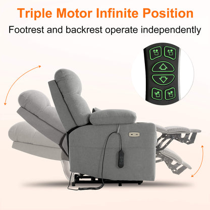 Light gray triple motorized lift recliner. Footrest and backrest are infinitely adjustable, support independent operation, operated by remote control.