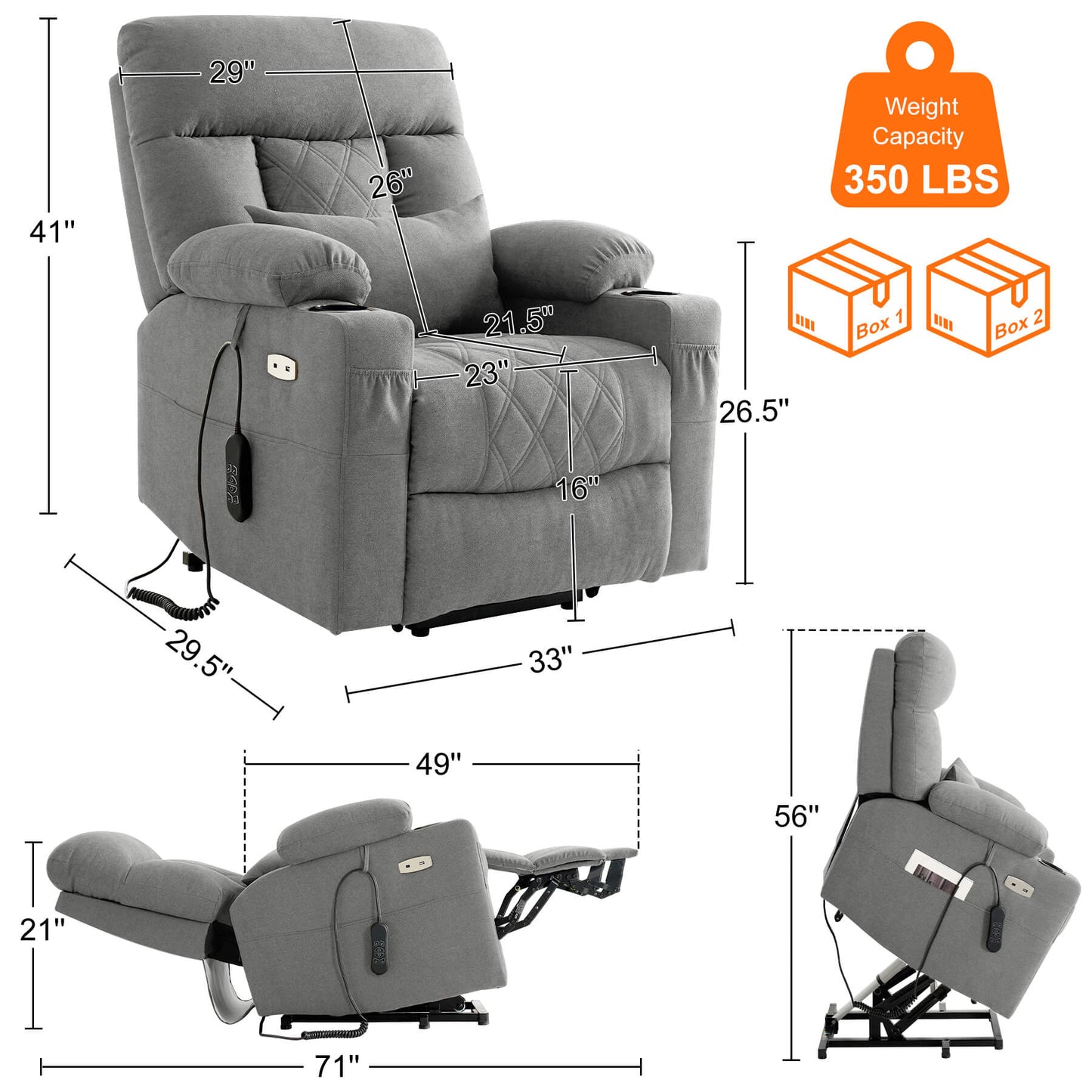 Light gray recliner size, overall dimensions: 33" x 29.5" x 41", weight capacity 350 lbs, comes in two boxes.