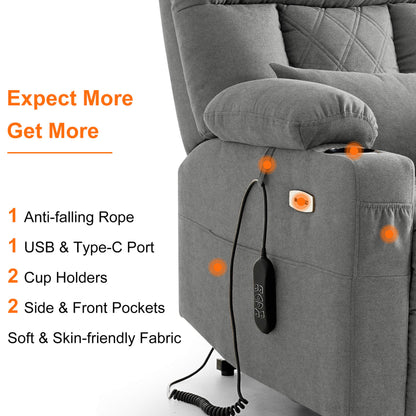 Light gray upholstered recliner chair shown on a white background with listing features such as anti-falling rope, USB & Type-C port, cup holders, side and front pockets, and soft skin-friendly fabric.