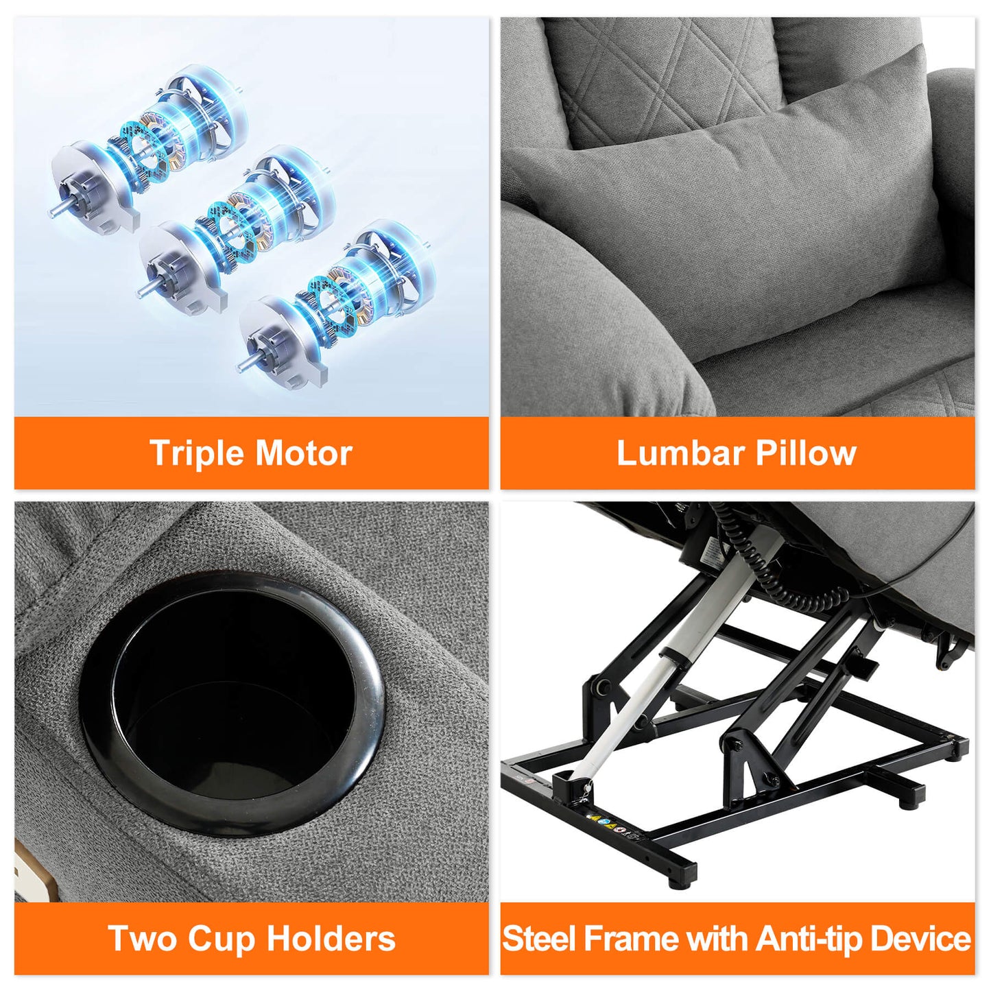 A 2x2 feature collage for a light gray recliner chair: triple motor; a close-up of the lumbar pillow; a black two-cup holder close-up; the black steel frame with anti-tip device.