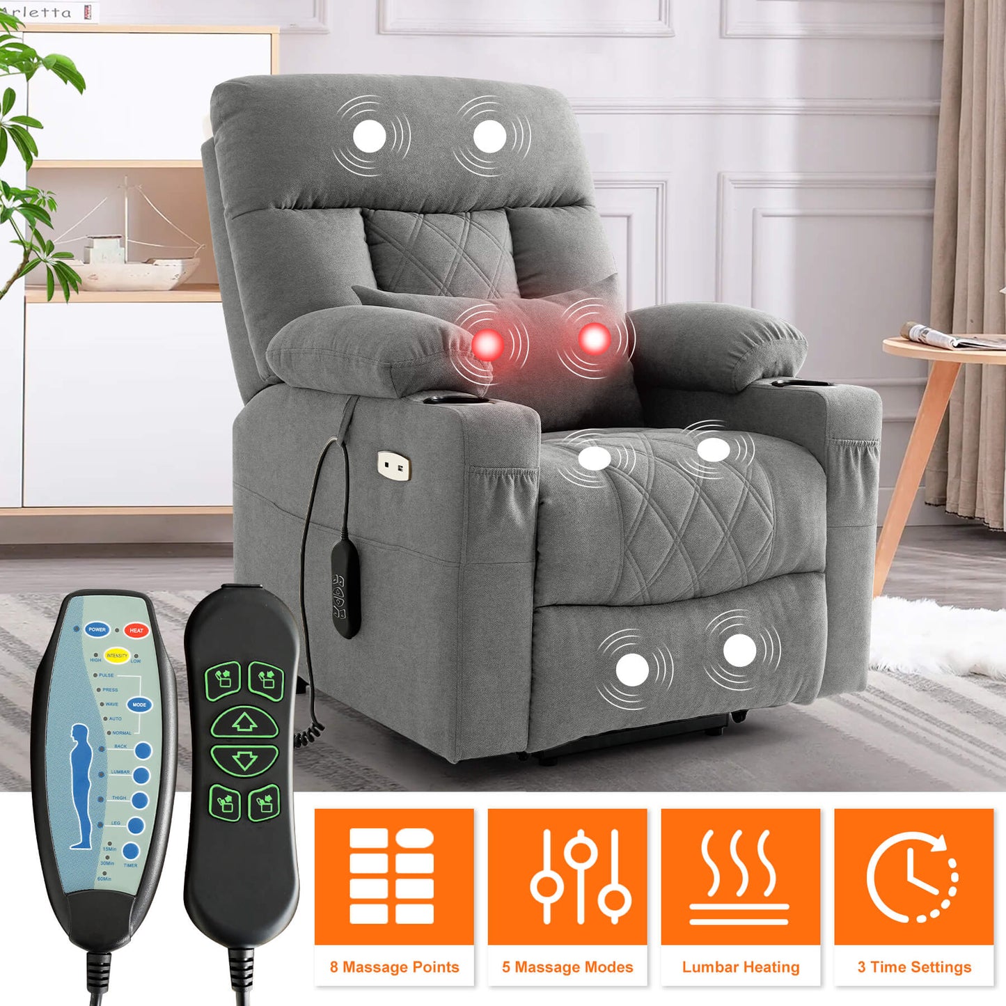 Light gray fabric electric lift recliner with built-in massage and lumbar heating functions, shown with two handheld remote controls and overlaid graphics indicating massage points, massage modes, lumbar heating, and time settings.