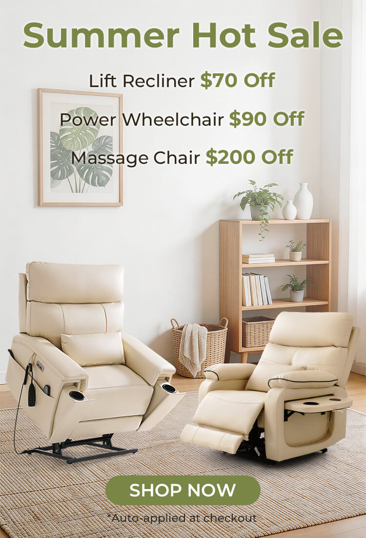 Two beige recliners in a room with a bookshelf and plants, promotional text for furniture discounts.