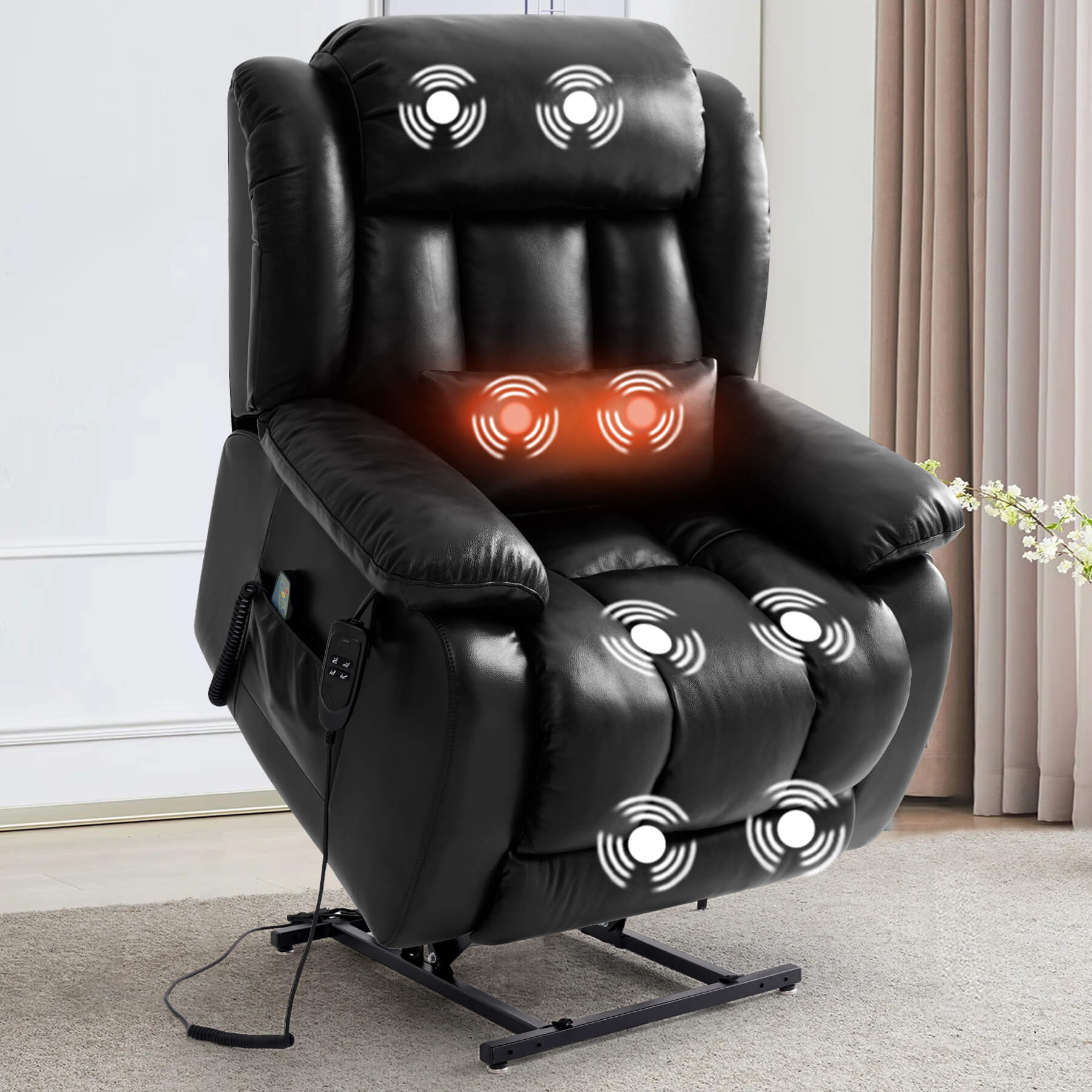 Black massage lift recliner chair in the raised position with massage points indicated in a room setting.