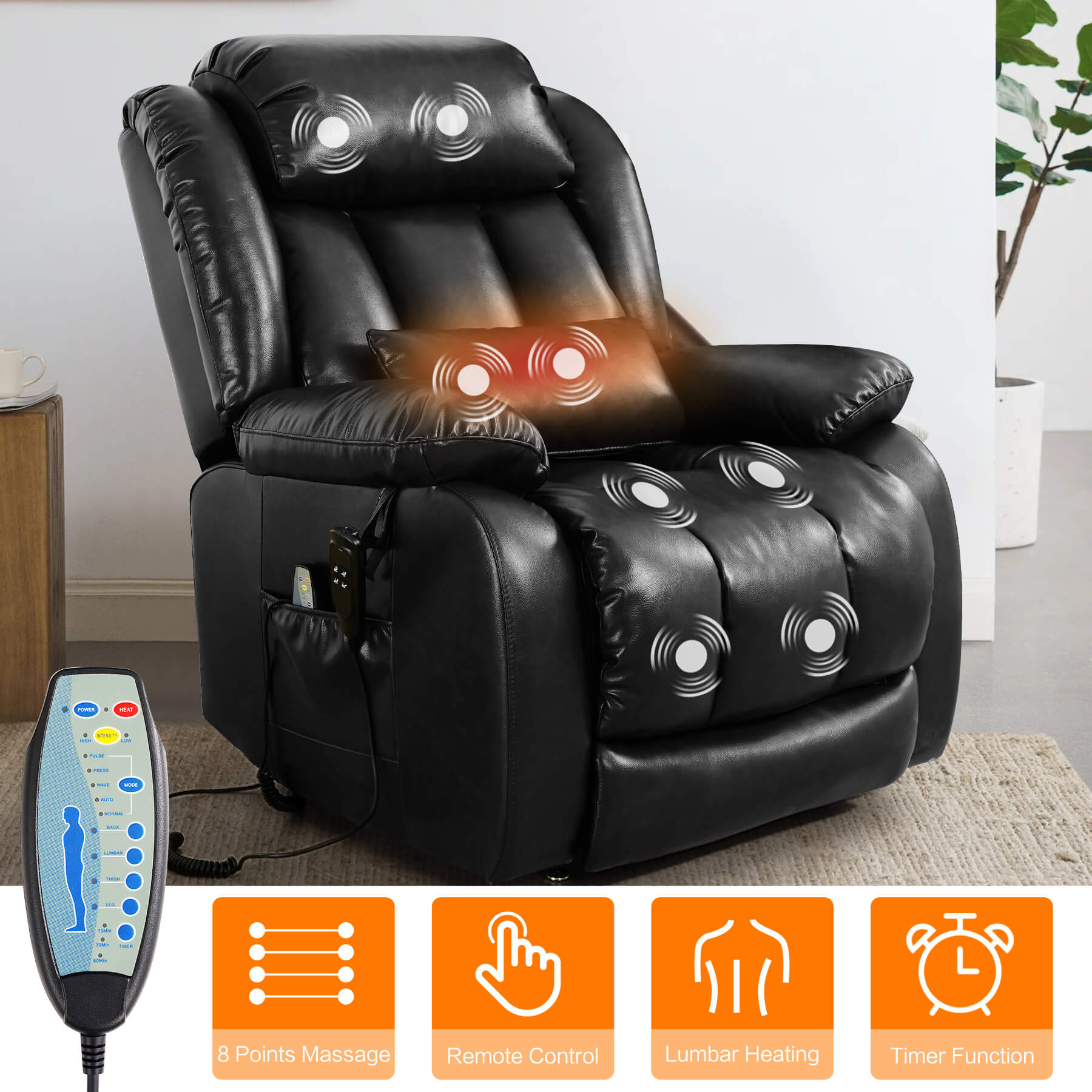 Black recliner chair with massage and heating functions, with remote control in a living room setting.