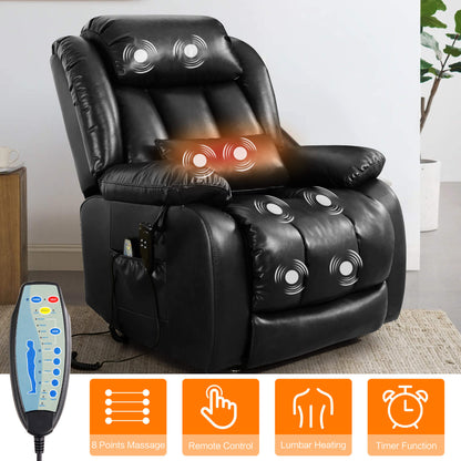 Black recliner chair with massage and heating functions, with remote control in a living room setting.