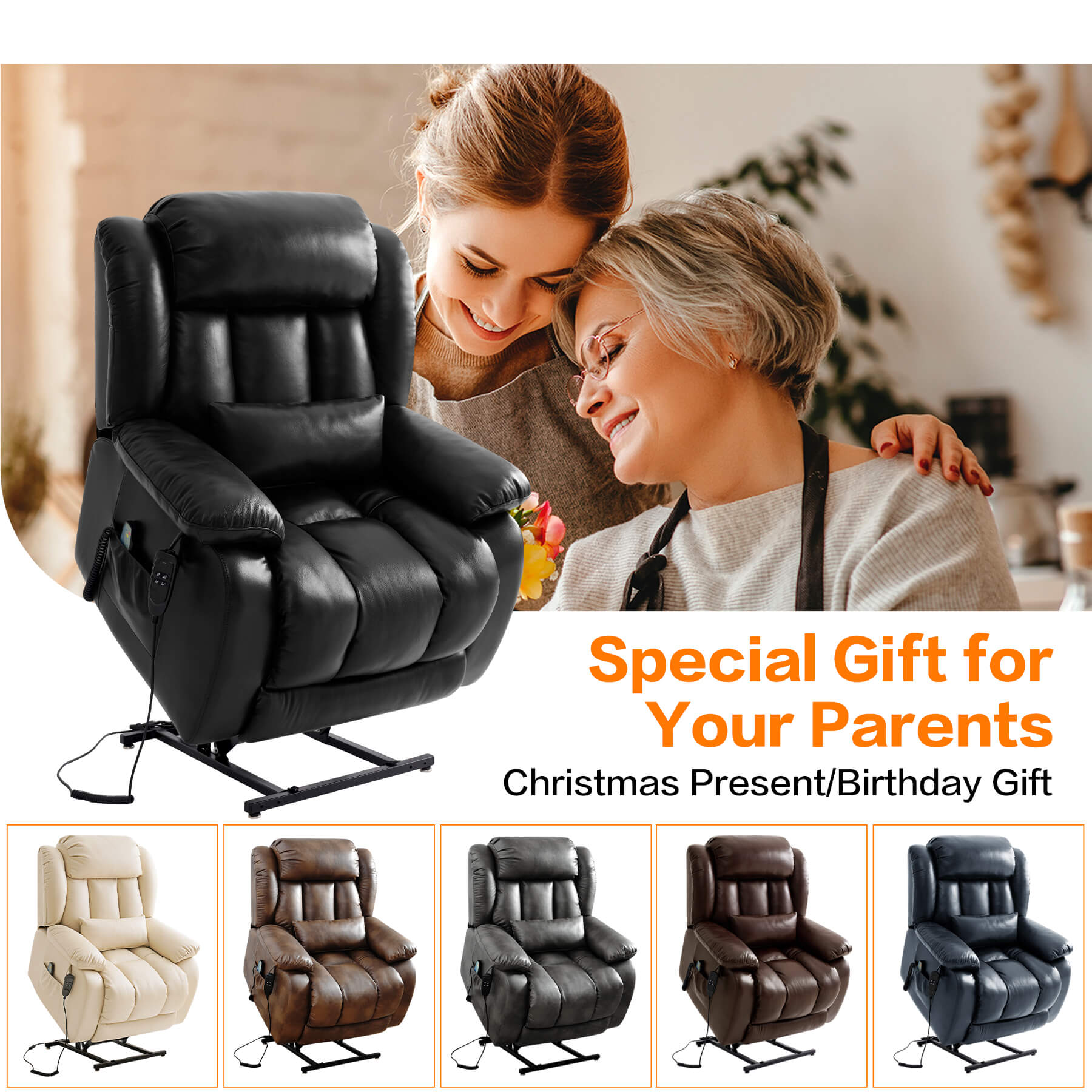 Black leather recliner chair with a woman and elderly woman, text 'Special Gift for Your Parents', and images of other five color recliner chairs.