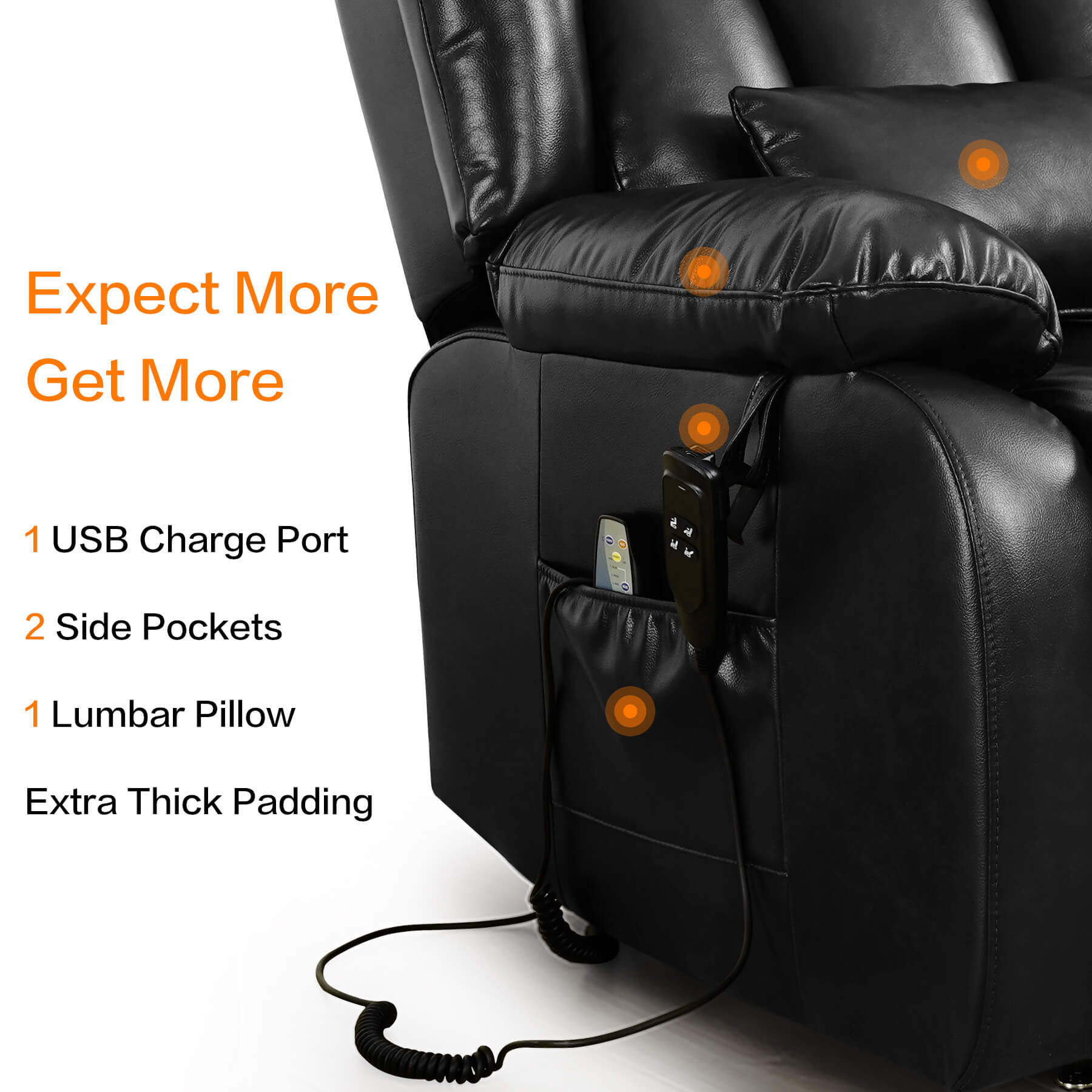 Black leather recliner chair with USB charge port, side pockets, lumbar pillow, and thick padding on a white background.