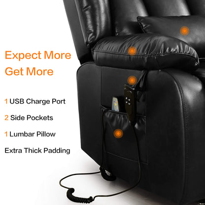 Black leather recliner chair with USB charge port, side pockets, lumbar pillow, and thick padding on a white background.