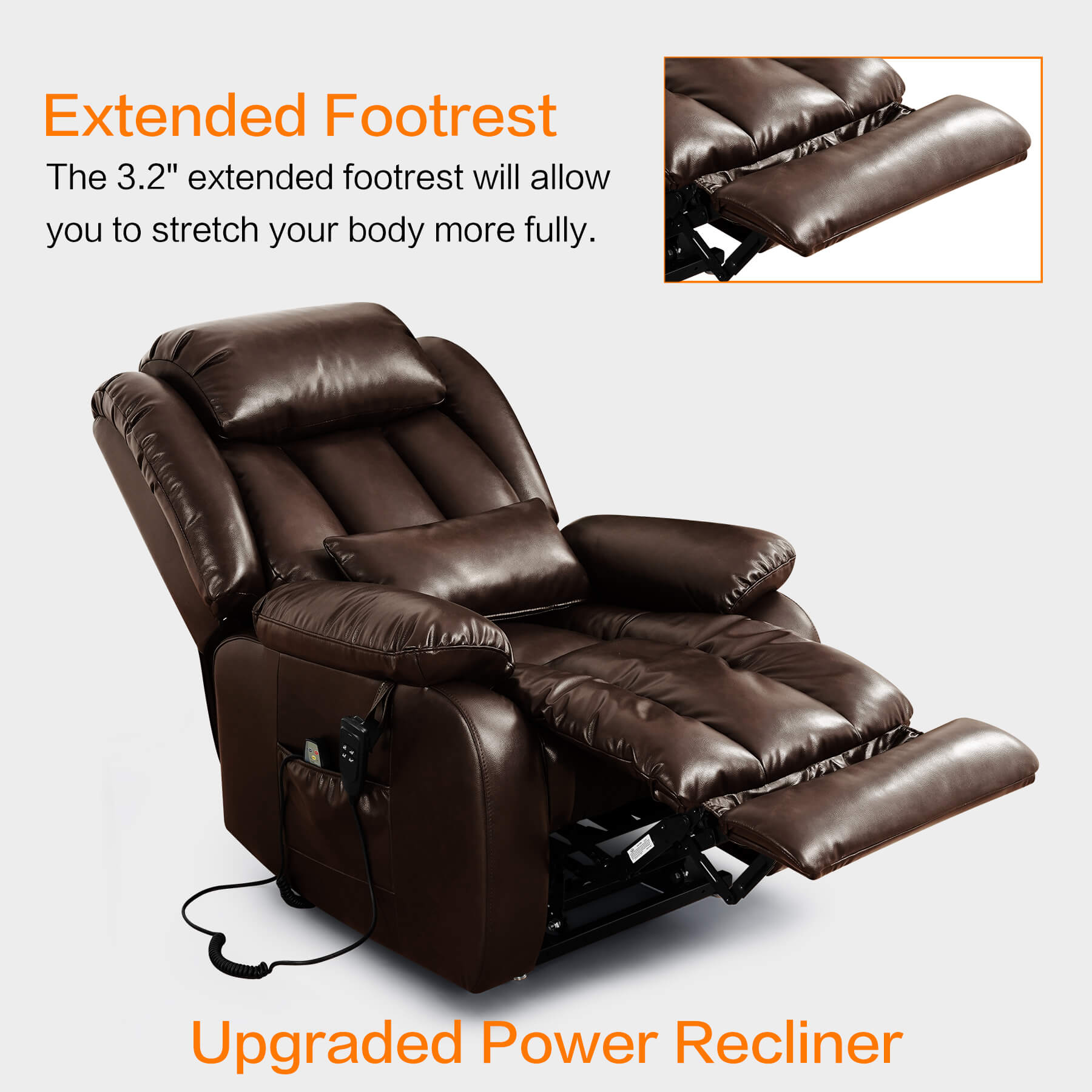 Brown upgraded power recliner chair with extended footrest on a light gray background.