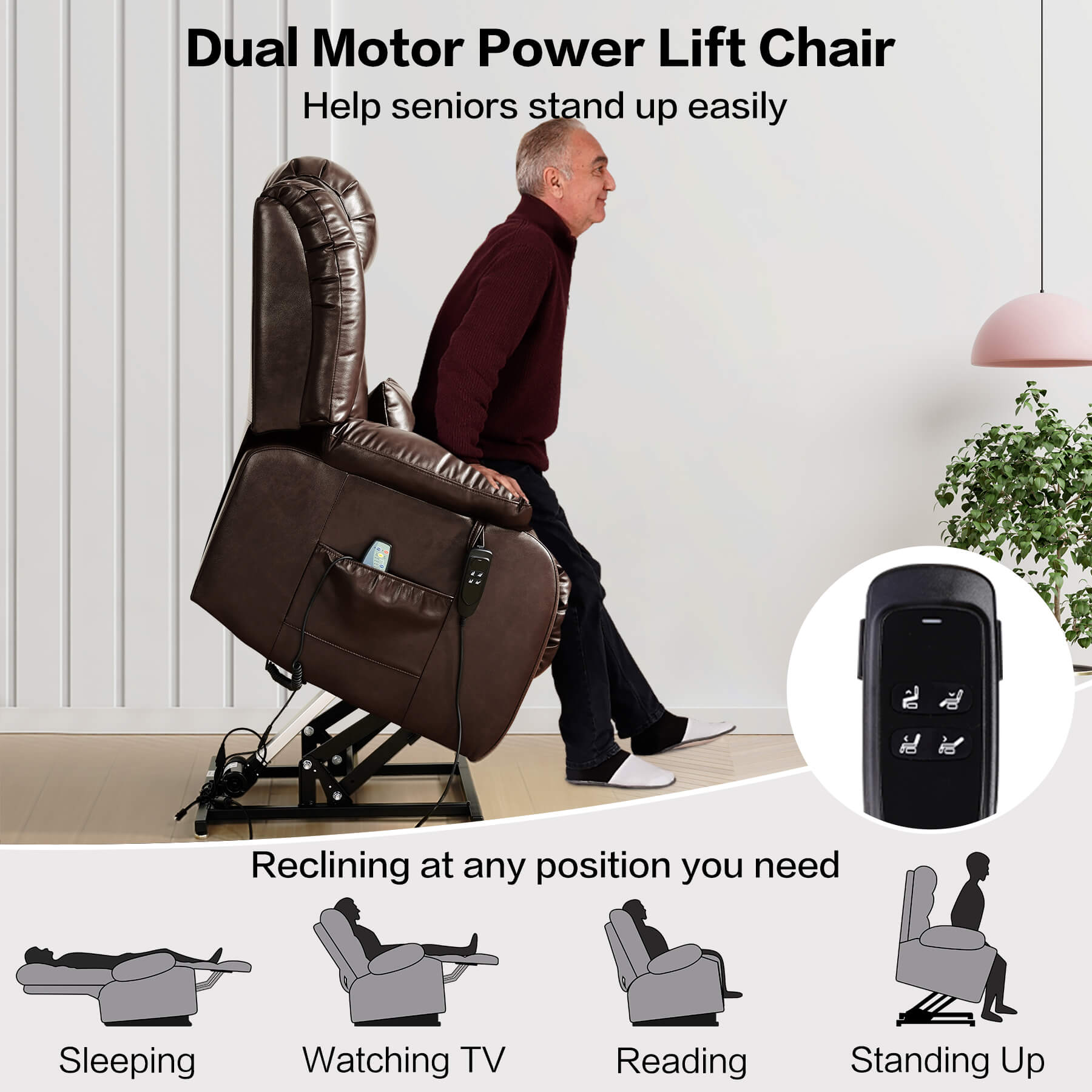 Dual Motor Power Lift Chair with lifting and reclining features, controlled via remote, and a man using it.