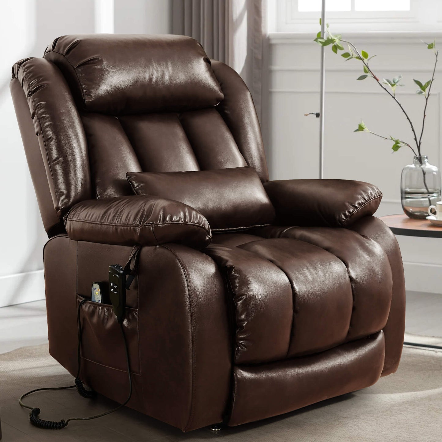 Brown blue leather recliner chair in a living room setting, facing sideways.