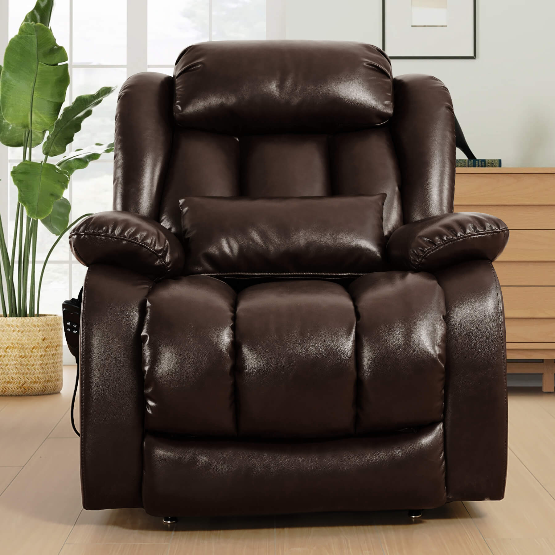 Brown leather recliner chair in a living room setting, facing forward.