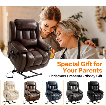 Brown leather recliner chair with a woman and elderly woman, text 'Special Gift for Your Parents', and images of other five color recliner chairs.