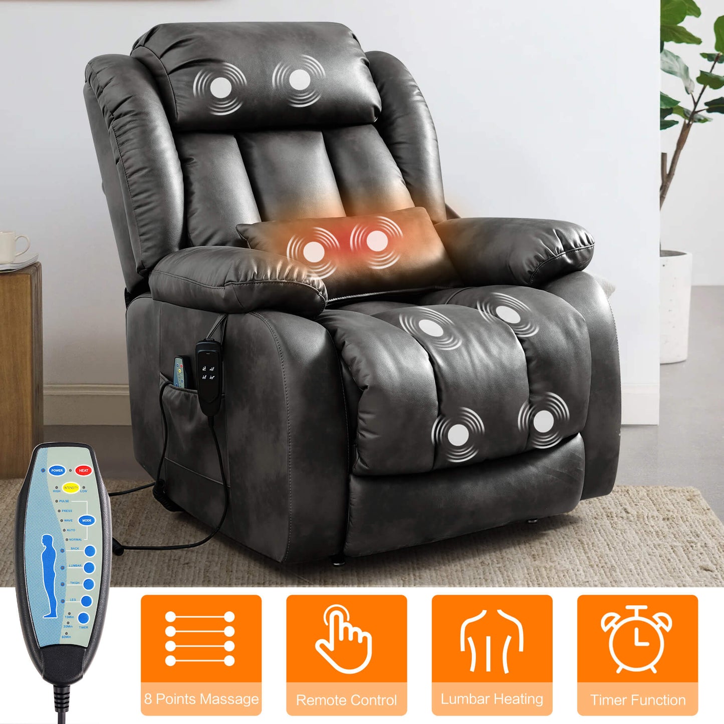 Gray recliner chair with massage and heating functions, with remote control in a living room setting