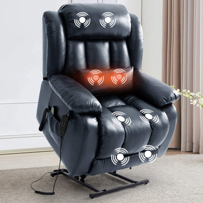 Navy massage lift recliner chair in the raised position with massage points indicated in a room setting.