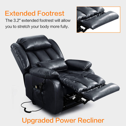 Navy upgraded power recliner chair with extended footrest on a light gray background.