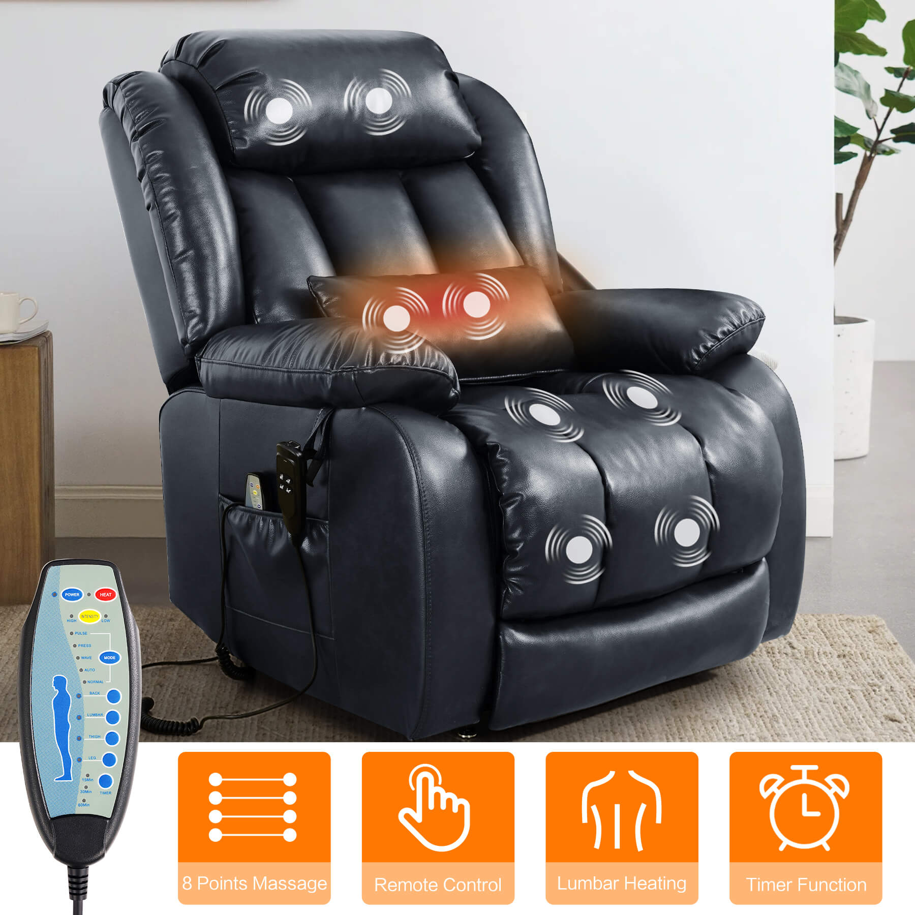Navy recliner chair with massage and heating functions, with remote control in a living room setting.