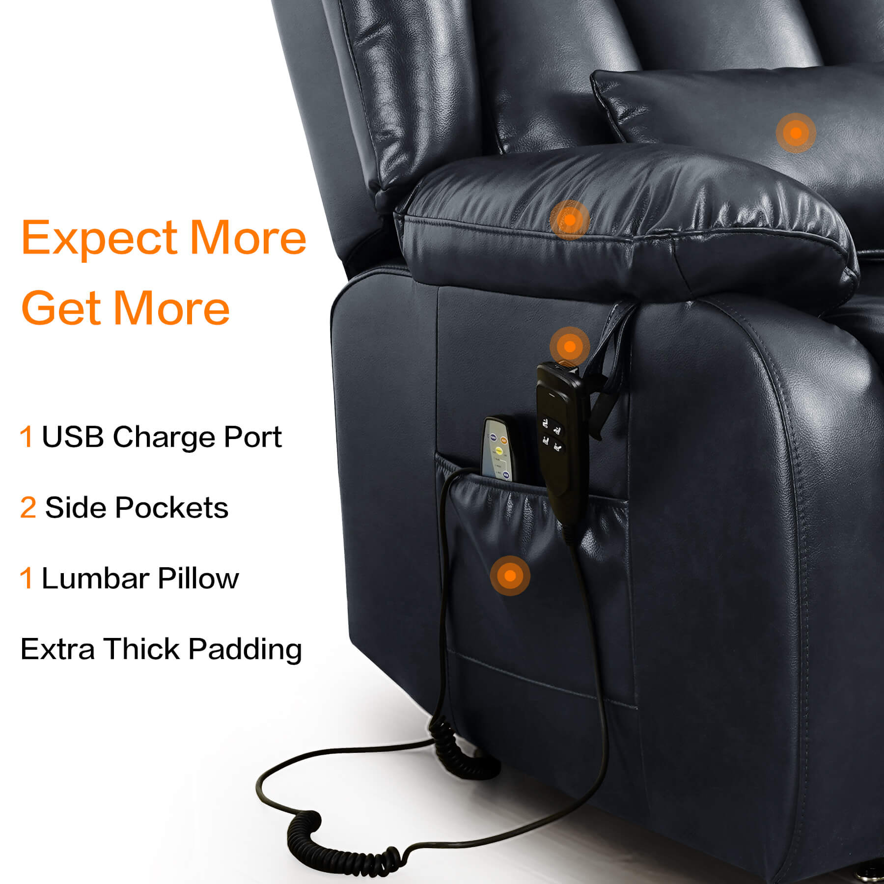 Navy leather recliner chair with USB charge port, side pockets, lumbar pillow, and thick padding on a white background.