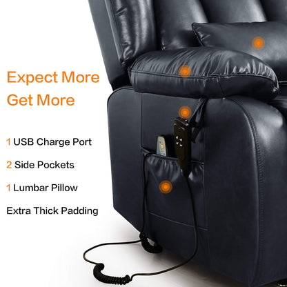 Navy leather recliner chair with USB charge port, side pockets, lumbar pillow, and thick padding on a white background.