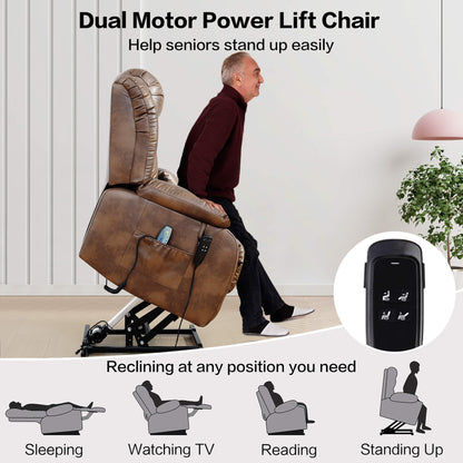 Dual Motor Power Lift Chair with lifting and reclining features, controlled via remote, and a man using it.