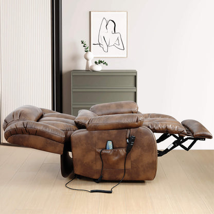 Ochre leather recliner lies flat in the room.