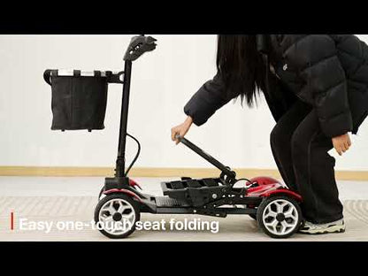Video of mobility scooter in use, including easy assembly and folding demonstrations.